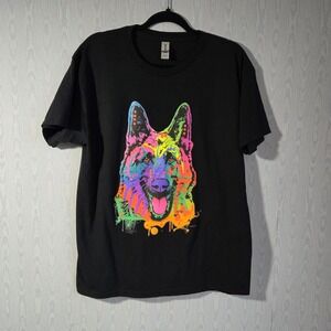 NWOT Unisex Large Neon Black German Shepherd Short Sleeve T-shirt Artsy Dog